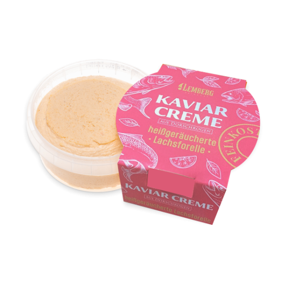 Kaviaarcrème van kabeljauwkuit met warmgerookte zalmforel, 150 g